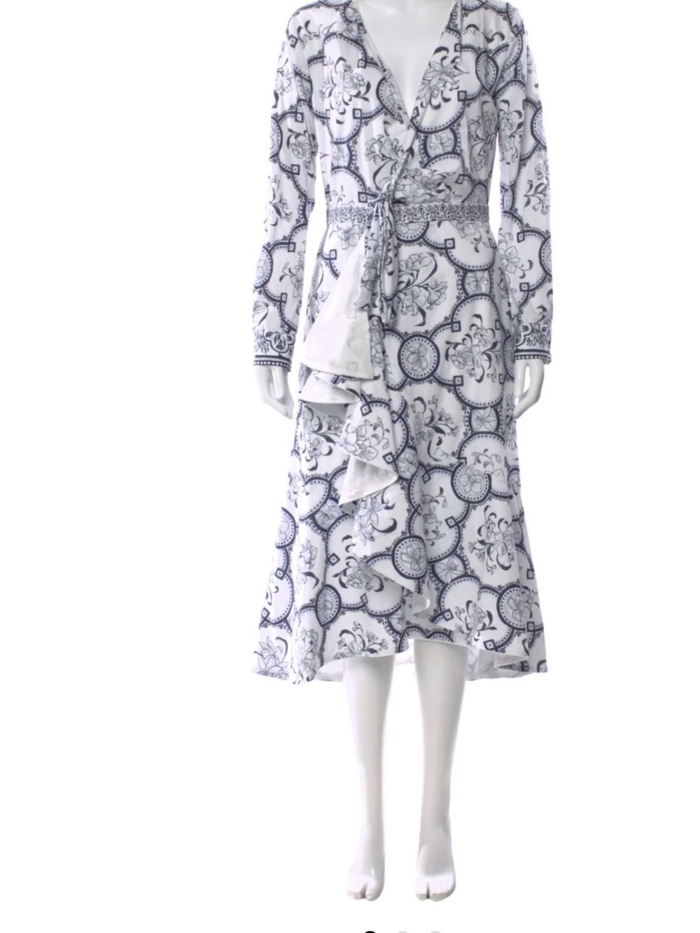 Andres Otalora Navy & White Floral Tie-Front Midi Dress. size 0